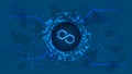 Polygon MATIC token symbol in digital circle with cryptocurrency theme on blue background.