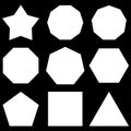 Polygon set. Basic shapes set. Star, Hexagon Decagon, Nonagon Nine angles, Octagon, Heptagon, Hexagon, Pentagon, Square,