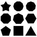 Polygon set. Basic shapes set. Star, Hexagon Decagon, Nonagon Nine angles, Octagon, Heptagon, Hexagon, Pentagon, Square,