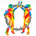 Polygon silhouettes dancing people and melody circle, vector music battle party background