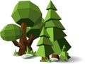 Polygon trees set: fir tree, oak and maple, natural vector clip art. Tree crown geometric shape. Polygonal tree drawing. Low poly