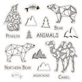 Set of vector stickers of polygonal animals, mountains, trees and fish skeletons