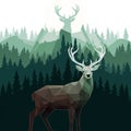 Polygonal artwork of a stag in front of pine-covered mountains. The stag features Royalty Free Stock Photo
