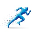 Polygonal athlete sprinter, starts. The blue triangles are scattered. On white background with shadow. For your design.