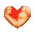 Polygonal bodybuilder's hand with biceps in heart shape. Gym or fitness logo.