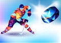 The polygonal colorful figure of a young man snowboarding with on a white and blue background. Vector illustration blue background Royalty Free Stock Photo