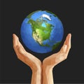 Polygonal cupped hands that hold polygon planet earth america bl