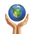 polygonal cupped hands that hold polygon planet earth america white