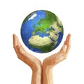 polygonal cupped hands that hold polygon planet earth europe white