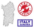 Polygonal 2D Italian Sardinia Island Map and Grunge Stamps