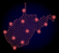 Polygonal 2D Mesh Map of West Virginia State with Red Light Spots Royalty Free Stock Photo