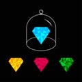 Polygonal diamond set. Pink, blue, yellow, green. Glass bell cover cap. Half sphere lid dome with handle. Black background.