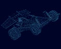 Polygonal F1 CAR. Speed concept. Vector bolide mesh spheres from flying debris. Thin line concept. Blue structure style