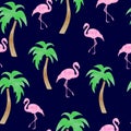 Polygonal flamingo and palm trees seamless pattern. Royalty Free Stock Photo