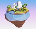 Polygonal flying island with mountains, trees, river and house. Low poly landscape. 3D illustration
