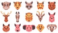 Polygonal geometric animals low poly portraits. Wild and domestic animals faces, cat, horse, racoon, goat vector