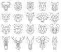 Polygonal geometric linear animal fox, deer, bear portraits. Animals heads, owl, lion, zebra and monkey triangular