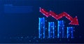 Polygonal growth charts and red arrow decreasing on dark blue tech background, triangles and particle design