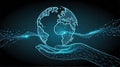 Polygonal Hand Holding Wireframe Earth with Dynamic Flowing Data Streams Royalty Free Stock Photo
