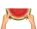 Polygonal hands to keep low poly slice of watermelon on a white