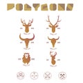 Polygonal hipster logo with heads of deer, buffalo and lion in y