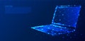 Polygonal laptop on dark blue tech background, triangles and particle design