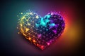 Polygonal love valentine heart made of connected lines and dots on blurred gradient multicolor background. Generative AI