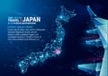 Polygonal map of Japan. Floating blue plexus geometric background. Creative abstract vector. Communications and travel.