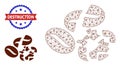 Polygonal Mesh Coffee Bean Crush Icon and Textured Bicolor Destruction Stamp