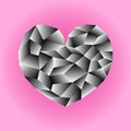 Polygonal monochrome heart illustration. Black and white heart icon on pink background square image.