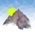 Polygonal mountain on the background of blue sky and sun