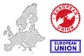 Polygonal Network European Union Map and Grunge Stamps