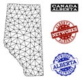 Polygonal Network Mesh Vector Map of Alberta Province and Network Grunge Stamps