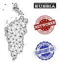 Polygonal Network Mesh Vector Map of Krasnoyarskiy Kray and Network Grunge Stamps