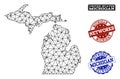 Polygonal Network Mesh Vector Map of Michigan State and Network Grunge Stamps Royalty Free Stock Photo