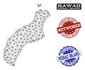 Polygonal Network Mesh Vector Map of Niihau Island and Network Grunge Stamps