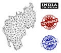 Polygonal Network Mesh Vector Map of Tripura State and Network Grunge Stamps