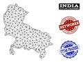 Polygonal Network Mesh Vector Map of Uttar Pradesh State and Network Grunge Stamps