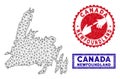 Polygonal Network Newfoundland Island Map and Grunge Stamps