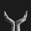Polygonal open palms cupped hands up empty on black background m