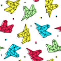 Polygonal origami neon unicorn head seamless pattern