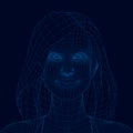 Polygonal portrait of a girl with long hair. Girl wireframe made of blue lines on a dark background. 3D. Vector