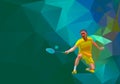 Polygonal professional badminton player on colorful low poly background doing smash shot with space for flyer, poster, web, leafle