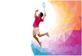 Polygonal professional badminton player, during smash on white background