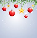 Polygonal red Christmas ball and star hanging on winter background with fir-tree branches