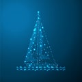 Polygonal Sailing yacht. connecting dots and lines. Sailboat mesh spheres. Thin line concept. Blue glow color background Royalty Free Stock Photo