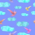 Polygonal seamless pattern with birds and clouds
