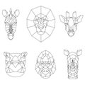 Polygonal set of African animals. Geometric heads of zebra, lion, giraffe, hippo, gorilla and rhino