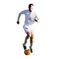 Polygonal soccer player in white jersey running with ball