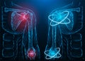 Polygonal vector illustration of a diseased inflamed human shoulder and elbow joint and recovery of shoulder and elbow function. Royalty Free Stock Photo